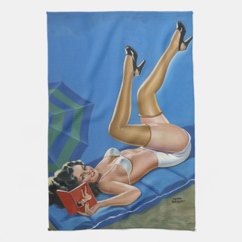 Vintage pinup girl reading book in the sun kitchen towel