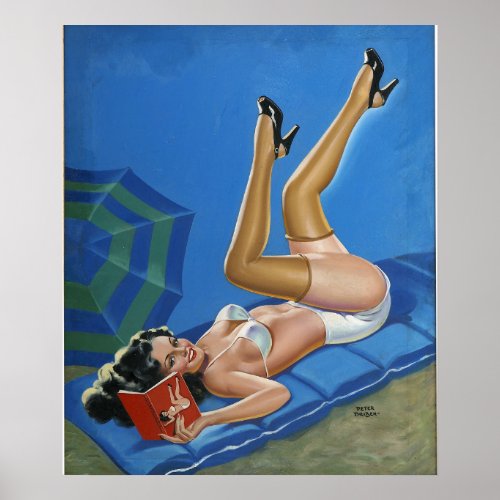 Vintage pinup girl reading book in the sun poster