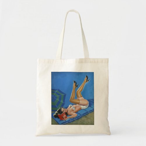 Vintage pinup girl reading book in the sun tote bag