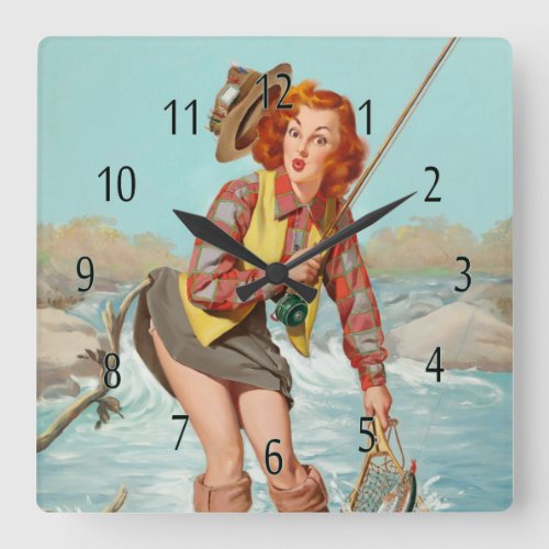 vintage pinup girl wall clock gone fishing square wall clock