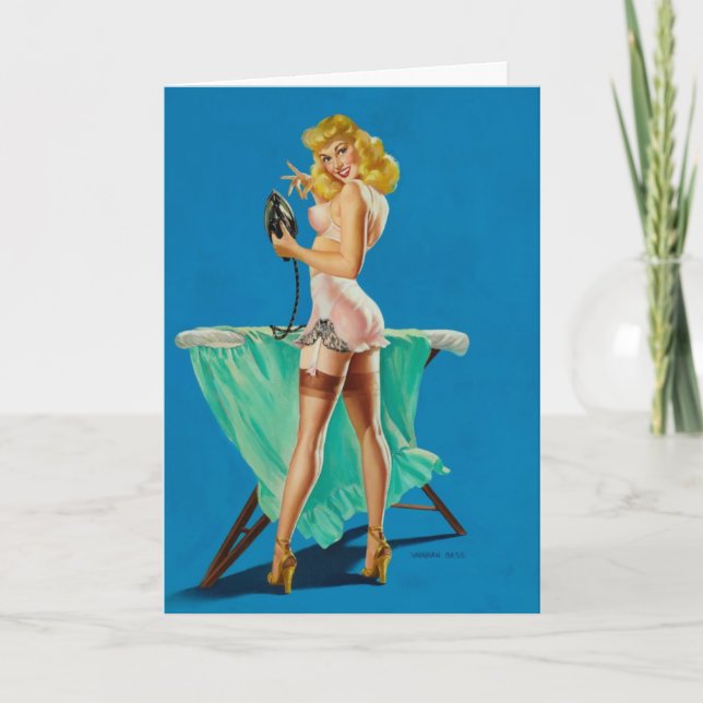 Vintage Pinup Ironing, Birthday Card (Front)