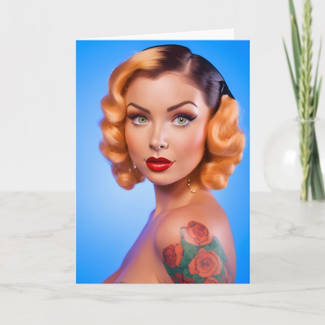 Vintage Pinup Rose Tattoo Birthday Card (Front)
