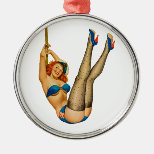 Vintage Pinup Sailor Girl in Stockings First Mate Metal Ornament