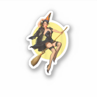 Vintage Pinup Witch On Witches Broom Halloween Pin Sticker
