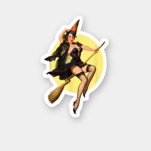 Vintage Pinup Witch On Witches Broom Halloween Pin Sticker