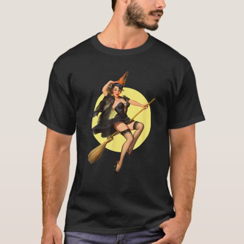 Vintage Pinup Witch On Witches Broom Halloween Pin T_Shirt