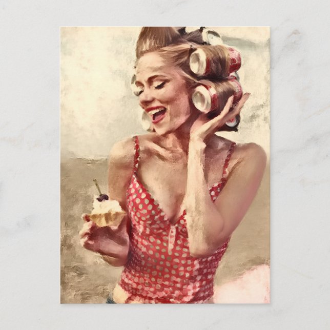 Vintage Pinup with Cupcake Painting Postcard (Front)