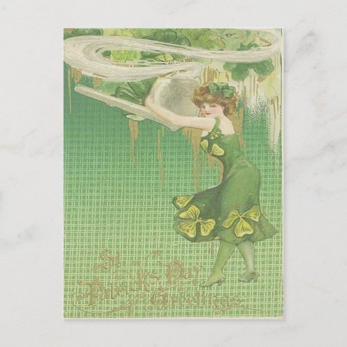 Vintage Pipe Maiden Shamrock St Patricks Day Card