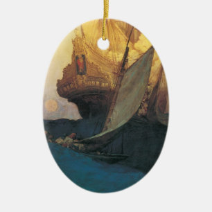 Vintage Pirate, Attack on a Galleon by Howard Pyle Ceramic Ornament