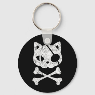 Vintage Pirate Cat Kitten Halloween Skull Cross Bo Keychain