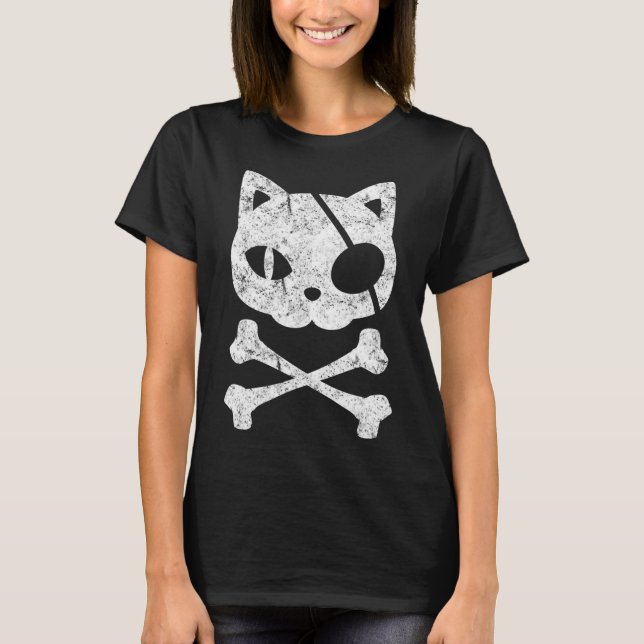 Vintage Pirate Cat Kitten Halloween Skull Cross Bo T-Shirt (Front)
