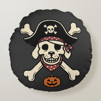 Vintage Pirate Dog Halloween Skull Cross Bones Round Pillow