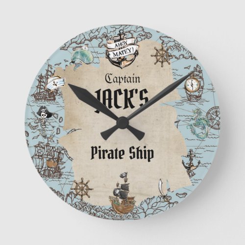 Vintage Pirate Map Anchor Nautical Boy Bedroom Round Clock