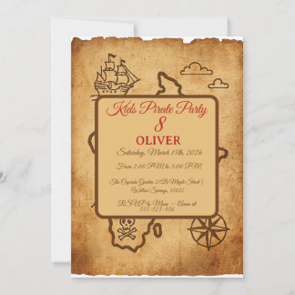 Vintage Pirate Map Invitation, Minimalist 8th Birt Invitation