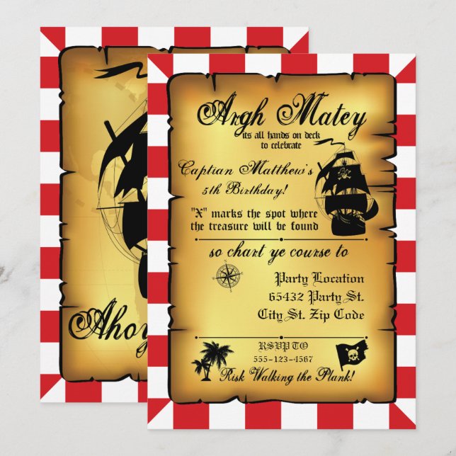 Vintage Pirate Party, Birthday Invitation. Invitation (Front/Back)