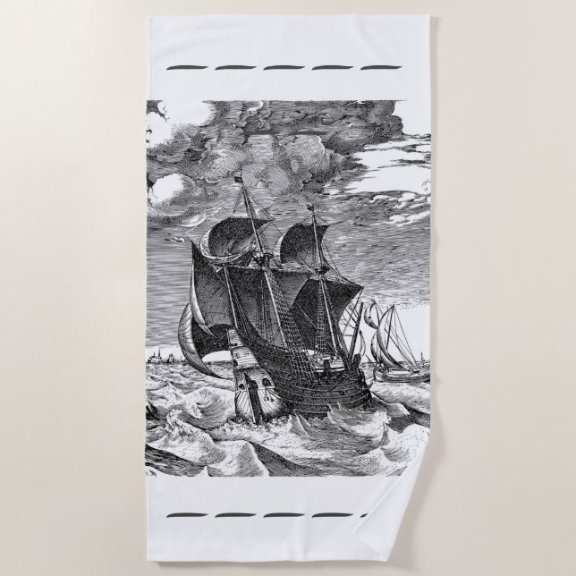 Vintage Pirate Sailing Ship Beach Towel (Front)