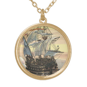 Vintage Pirate Ship, Galleon Sailing on the Ocean Gold Plated Necklace