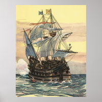 Vintage Pirate Ship, Galleon Sailing on the Ocean Poster