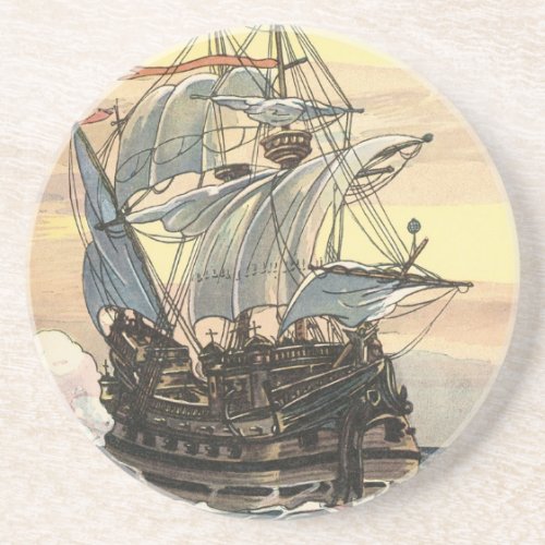 Vintage Pirate Ship Galleon Sailing on the Ocean Sandstone Coaster