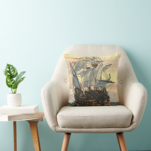 Vintage Pirate Ship, Galleon Sailing on the Ocean Throw Pillow