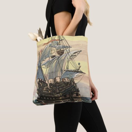 Vintage Pirate Ship Galleon Sailing on the Ocean Tote Bag