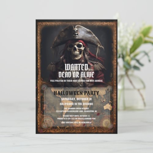 Vintage Pirate Skull Black Halloween Party Invitation