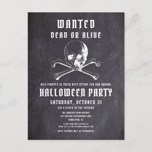 Vintage Pirate Skull  Bones Black Halloween Party Invitation Postcard