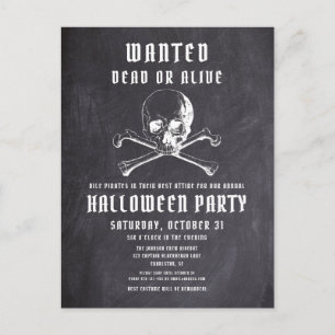 Vintage Pirate Skull & Bones Black Halloween Party Invitation Postcard