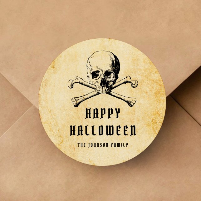 Vintage Pirate Skull & Bones Halloween Classic Round Sticker (Vintage Pirate Skull & Bones Halloween Classic Round Sticker)