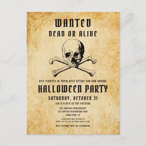 Vintage Pirate Skull  Bones Halloween Invitation Postcard