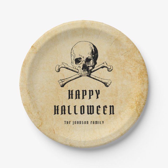 Vintage Pirate Skull & Bones Halloween  Paper Plates (Front)