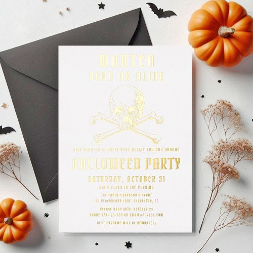 Vintage Pirate Skull  Bones Halloween Party Gold Foil Invitation