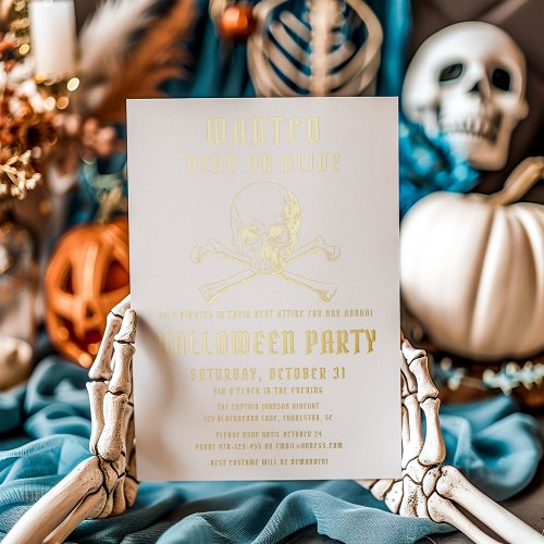 Vintage Pirate Skull  Bones Halloween Party Gold Foil Invitation