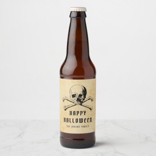 Vintage Pirate Skull  Bones Happy Halloween Beer Bottle Label