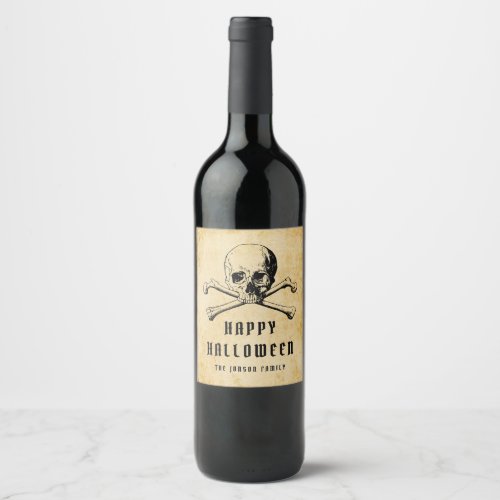 Vintage Pirate Skull  Bones Happy Halloween Wine Label