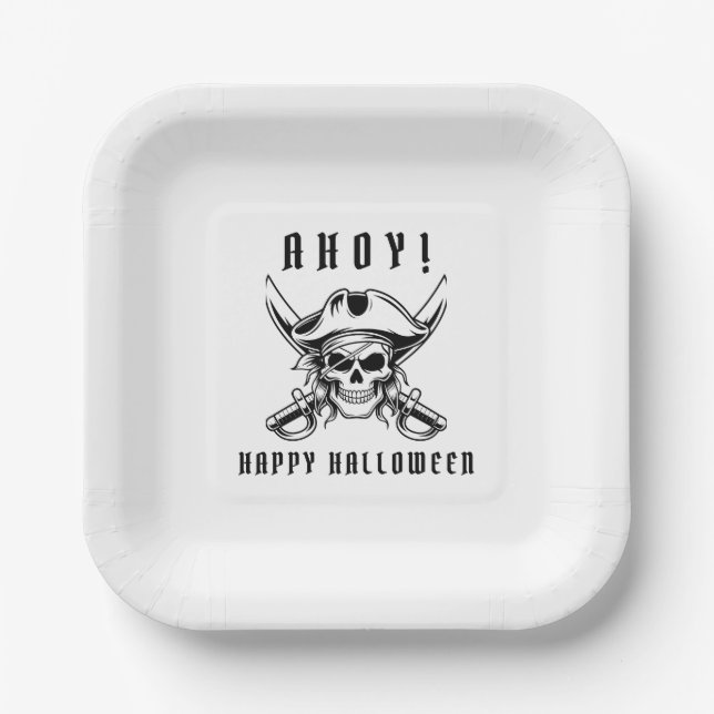 Vintage Pirate Skull Halloween Paper Plates (Front)
