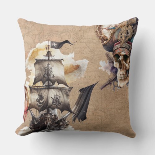 Vintage Pirate Theme Throw Pillow