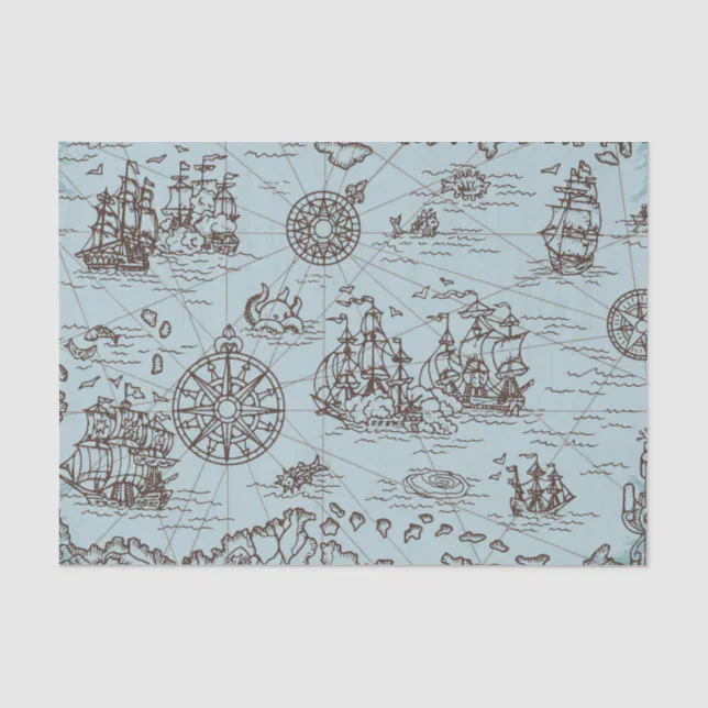 Vintage Pirate Treasure Map Nautical Blue Tissue Paper | Zazzle