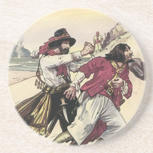 Vintage Pirates Duel till the Death on the Beach Sandstone Coaster