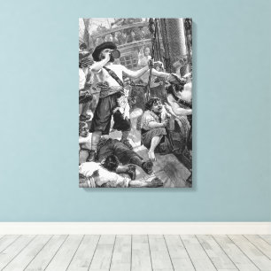Vintage Pirates Fighting and Drinking on the Ship Canvas Print