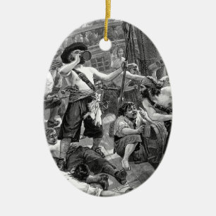 Vintage Pirates Fighting and Drinking on the Ship Ceramic Ornament
