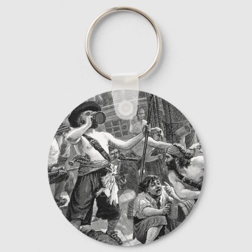 Vintage Pirates Fighting and Drinking on the Ship Keychain