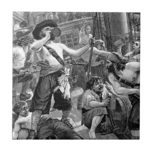Vintage Pirates Fighting and Drinking on the Ship Tile