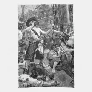 Vintage Pirates Fighting and Drinking on the Ship Towel