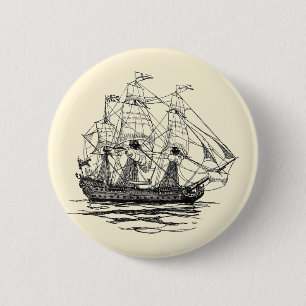Vintage Pirates Galleon, Sketch of a 74 Gun Ship Button