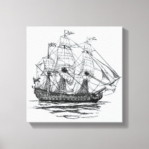 Vintage Pirates Galleon, Sketch of a 74 Gun Ship Canvas Print