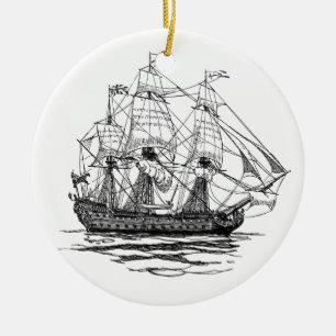 Vintage Pirates Galleon, Sketch of a 74 Gun Ship Ceramic Ornament