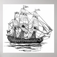 Vintage Pirates Galleon, Sketch of a 74 Gun Ship Poster