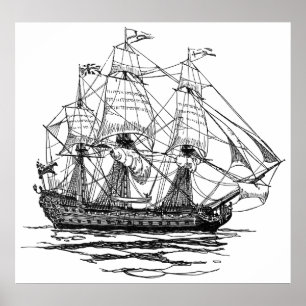 Vintage Pirates Galleon, Sketch of a 74 Gun Ship Poster
