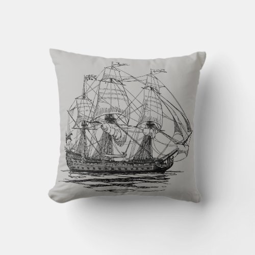 Vintage Pirates Galleon Sketch of a 74 Gun Ship Throw Pillow